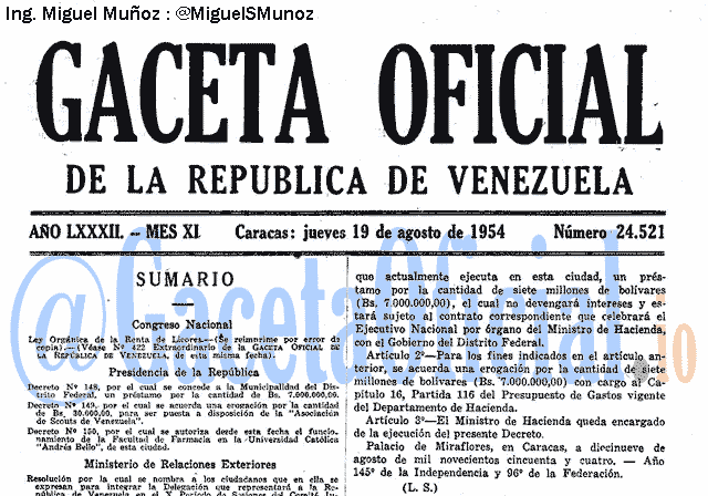 Gaceta Oficial 24521 del 19 Agosto 1954