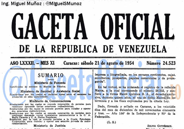 Gaceta Oficial 24523 del 21 Agosto 1954