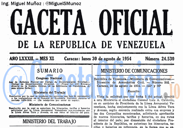 Gaceta Oficial 24530 del 30 Agosto 1954
