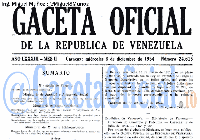Gaceta Oficial 24615 del 8 Diciembre 1954