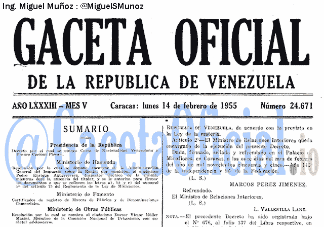 Gaceta Oficial 24671 del 14 Febrero 1955