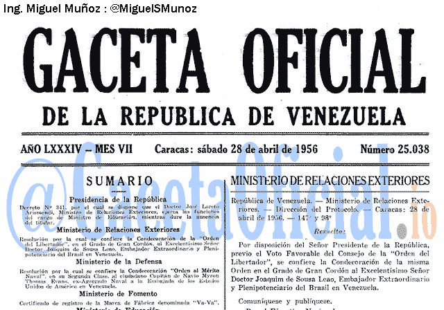 Gaceta Oficial 25038 del 28 Abril 1956