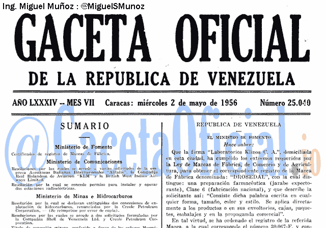 Gaceta Oficial 25040 del 2 Mayo 1956