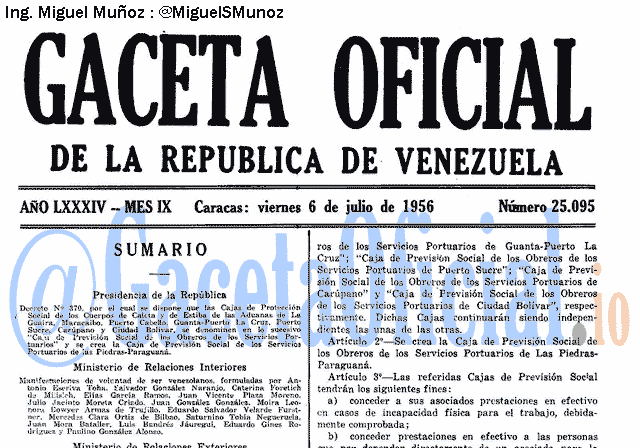 Gaceta Oficial 25095 del 6 Julio 1956