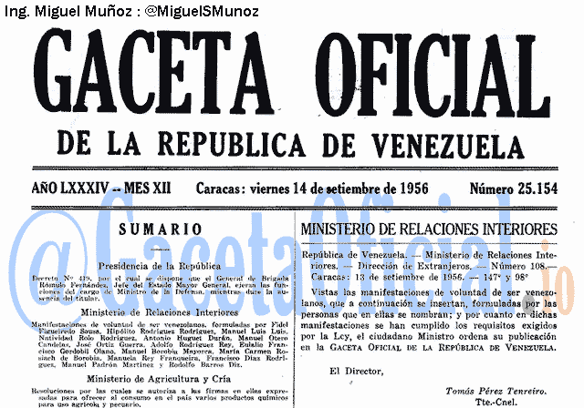 Gaceta Oficial 25154 del 14 Septiembre 1956
