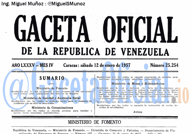 Gaceta Oficial 25254 del 12 Enero 1957