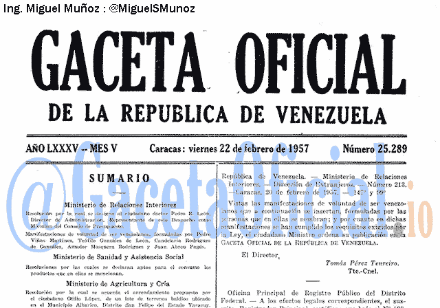 Gaceta Oficial 25289 del 22 Febrero 1957