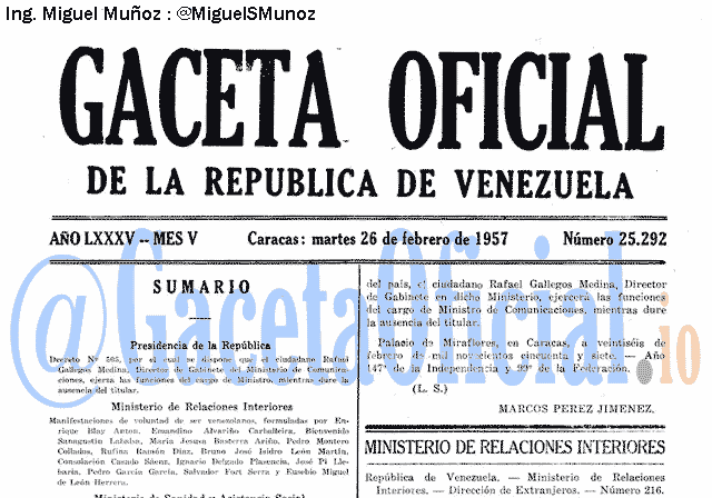 Gaceta Oficial 25292 del 26 Febrero 1957