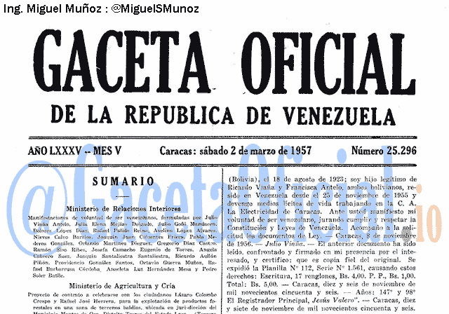 Gaceta Oficial 25296 del 2 Marzo 1957