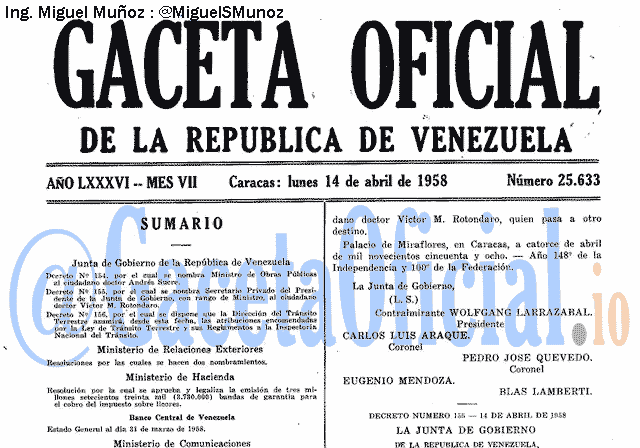 Gaceta Oficial 25633 del 14 Abril 1958