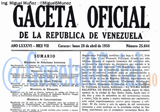 Gaceta Oficial 25644 del 28 Abril 1958