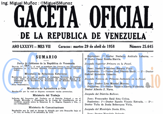 Gaceta Oficial 25645 del 29 Abril 1958