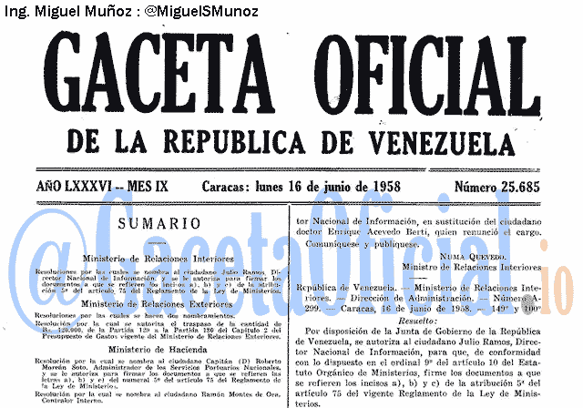 Gaceta Oficial 25685 del 16 Junio 1958