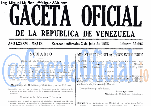 Gaceta Oficial 25698 del 2 Julio 1958