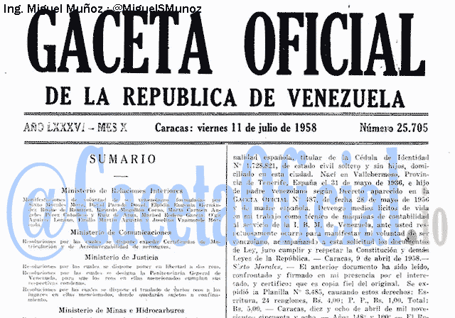Gaceta Oficial 25705 del 11 Julio 1958