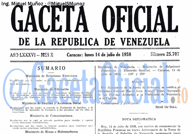 Gaceta Oficial 25707 del 14 Julio 1958