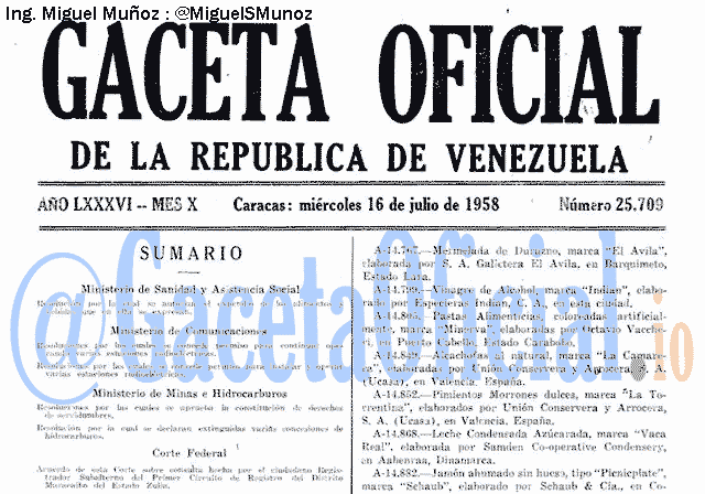 Gaceta Oficial 25709 del 16 Julio 1958