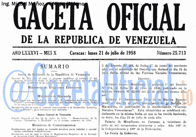 Gaceta Oficial 25713 del 21 Julio 1958