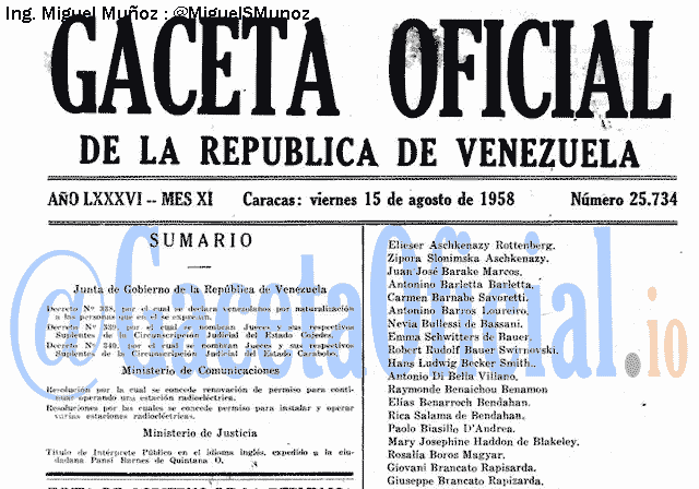 Gaceta Oficial 25734 del 15 Agosto 1958
