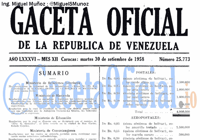 Gaceta Oficial 25773 del 30 Septiembre 1958