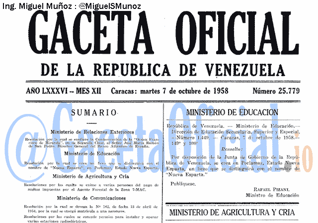 Gaceta Oficial 25779 del 7 Octubre 1958