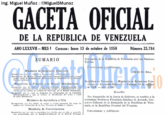 Gaceta Oficial 25784 del 13 Octubre 1958