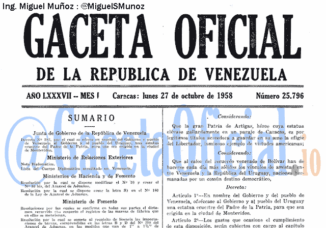 Gaceta Oficial 25796 del 27 Octubre 1958
