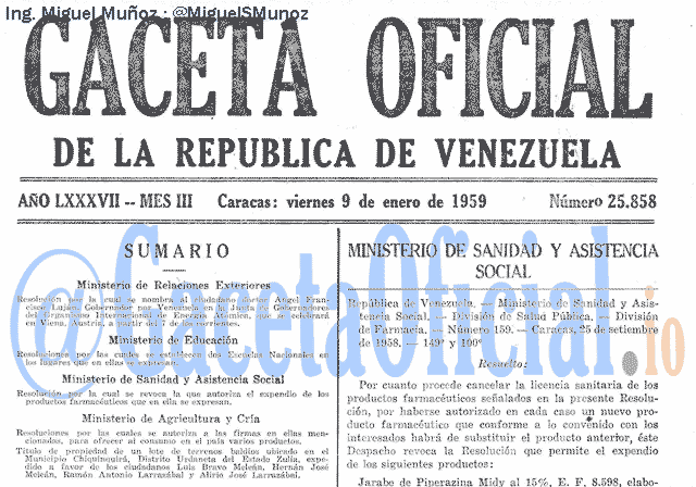 Gaceta Oficial 25858 del 9 Enero 1959