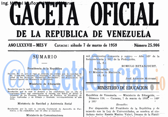 Gaceta Oficial 25906 del 7 Marzo 1959