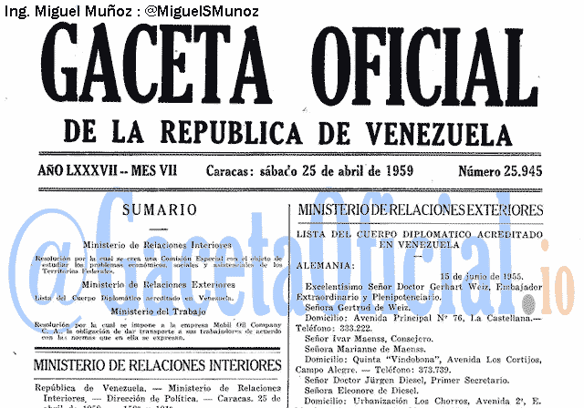 Gaceta Oficial 25945 del 25 Abril 1959
