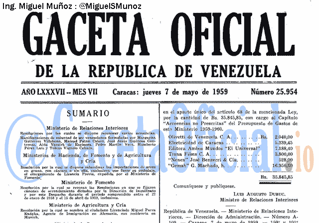 Gaceta Oficial 25954 del 7 Mayo 1959