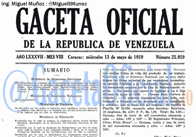 Gaceta Oficial 25959 del 13 Mayo 1959