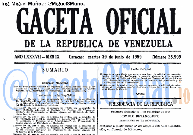 Gaceta Oficial 25999 del 30 Junio 1959