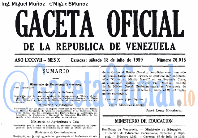 Gaceta Oficial 26015 del 18 Julio 1959