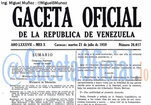 Gaceta Oficial 26017 del 21 Julio 1959
