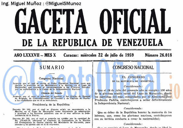 Gaceta Oficial 26018 del 22 Julio 1959