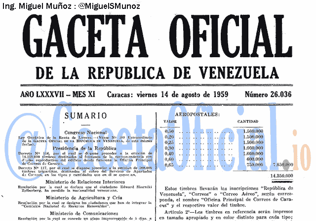 Gaceta Oficial 26036 del 14 Agosto 1959