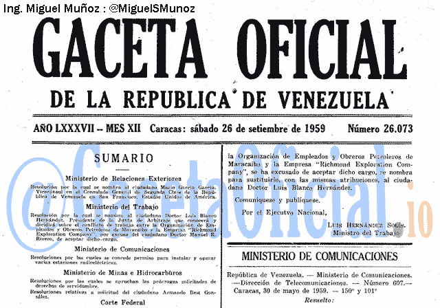 Gaceta Oficial 26073 del 26 Septiembre 1959