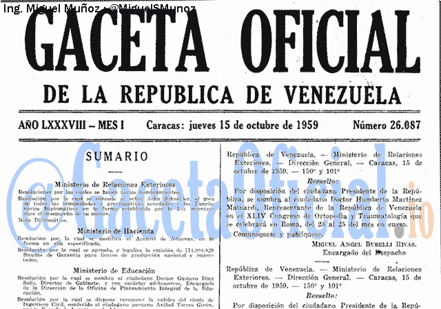 Gaceta Oficial 26087 del 15 Octubre 1959