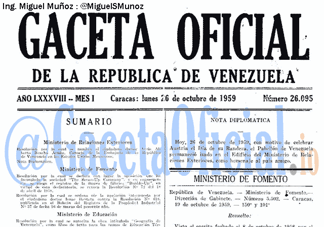 Gaceta Oficial 26095 del 26 Octubre 1959