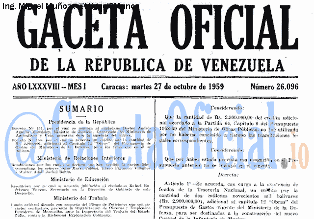 Gaceta Oficial 26096 del 27 Octubre 1959