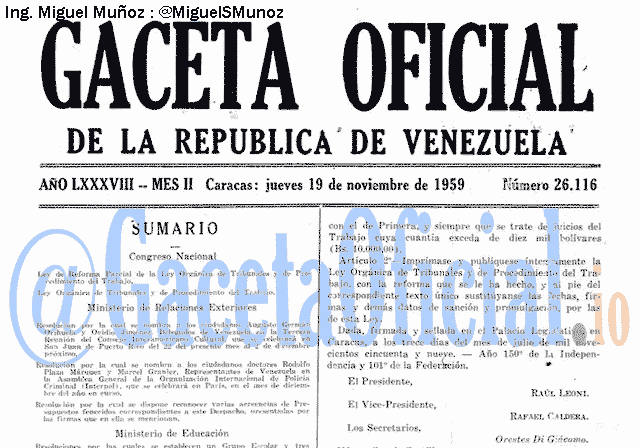 Gaceta Oficial 26116 del 19 Noviembre 1959