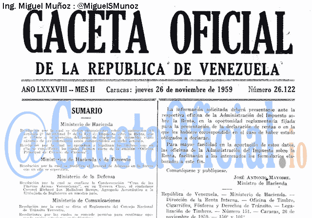Gaceta Oficial 26122 del 26 Noviembre 1959