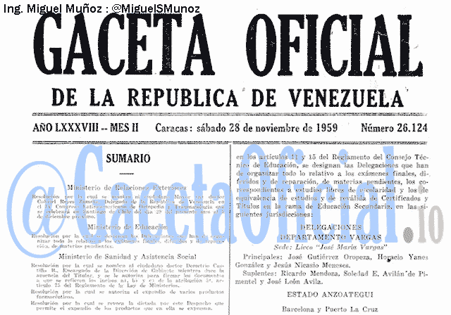 Gaceta Oficial 26124 del 28 Noviembre 1959