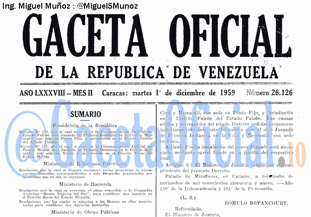 Gaceta Oficial 26126 del 1 Diciembre 1959