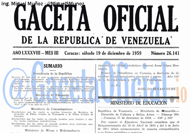 Gaceta Oficial 26141 del 19 Diciembre 1959