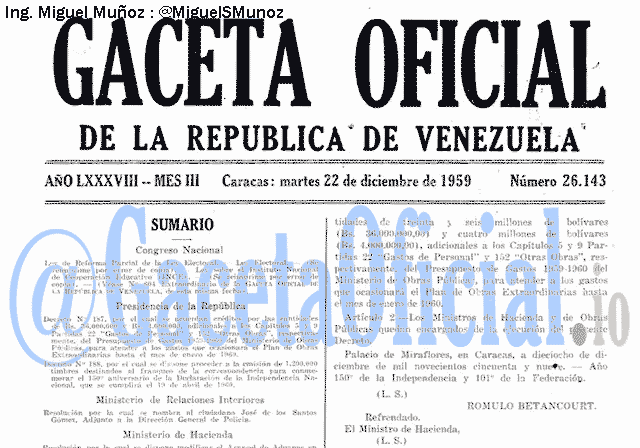 Gaceta Oficial 26143 del 22 Diciembre 1959