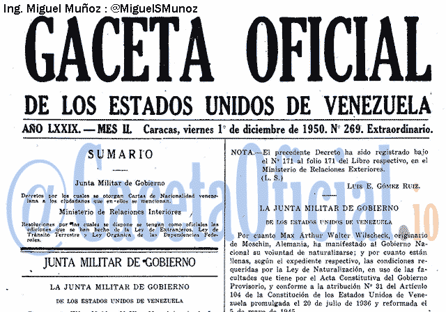 Gaceta Oficial 269 del 1 Diciembre 1950