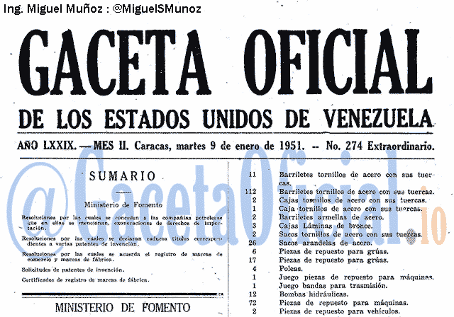 Gaceta Oficial 274 del 9 Enero 1951