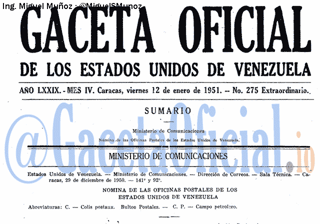 Gaceta Oficial 275 del 12 Enero 1951